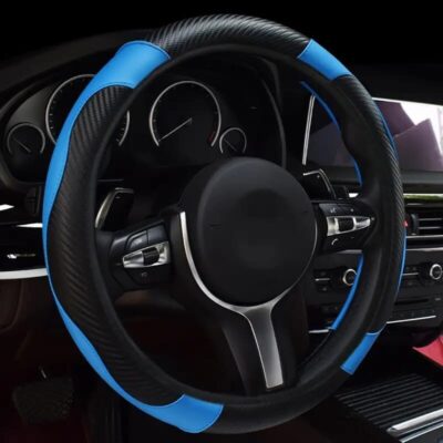 Home | PakGaari Leather Steering Wheel Cover – Carbon Fiber Grain with Blue Accents